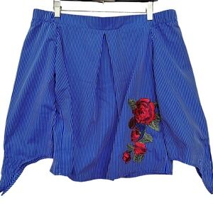 ALYTHEA Top Womens Large Blue White Stripes Floral Boho Tie Sleeve Active Blouse